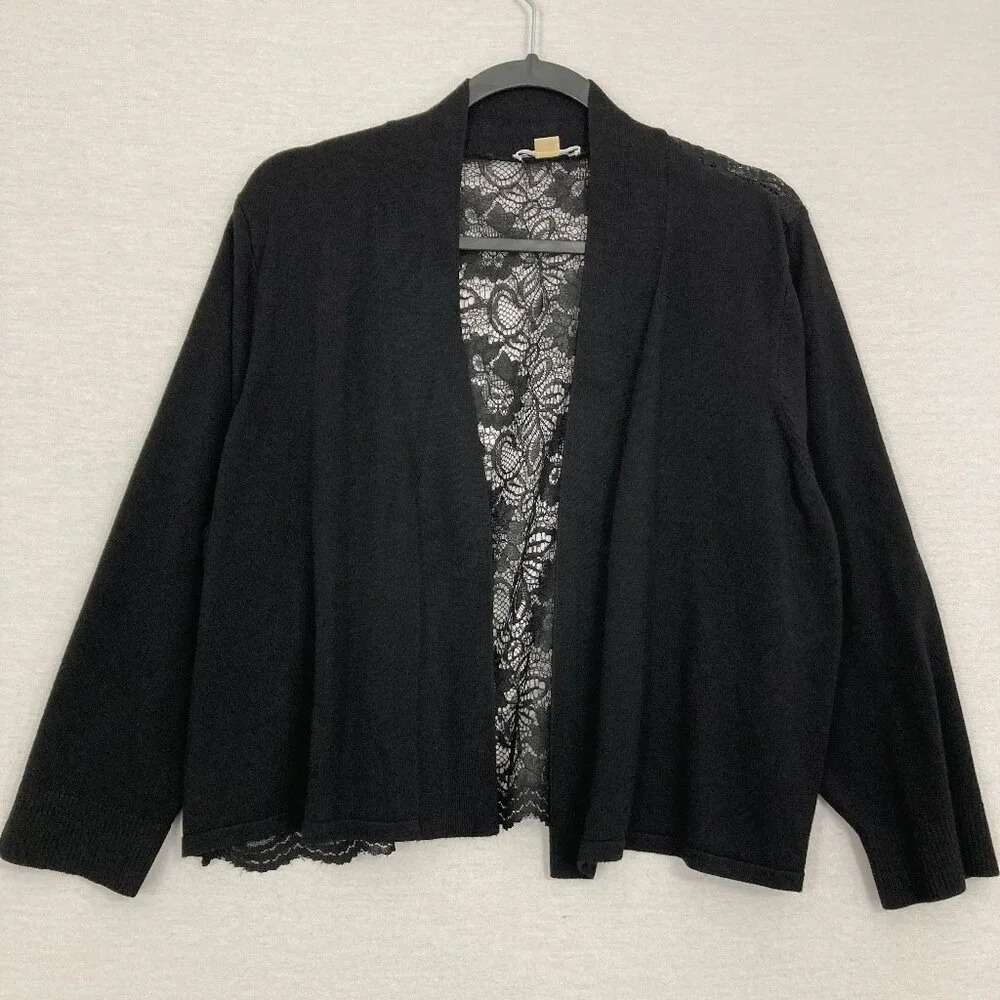 Calvin Klein Black Knit Open Front Lace Back Office Career Light Cardigan 2X‎